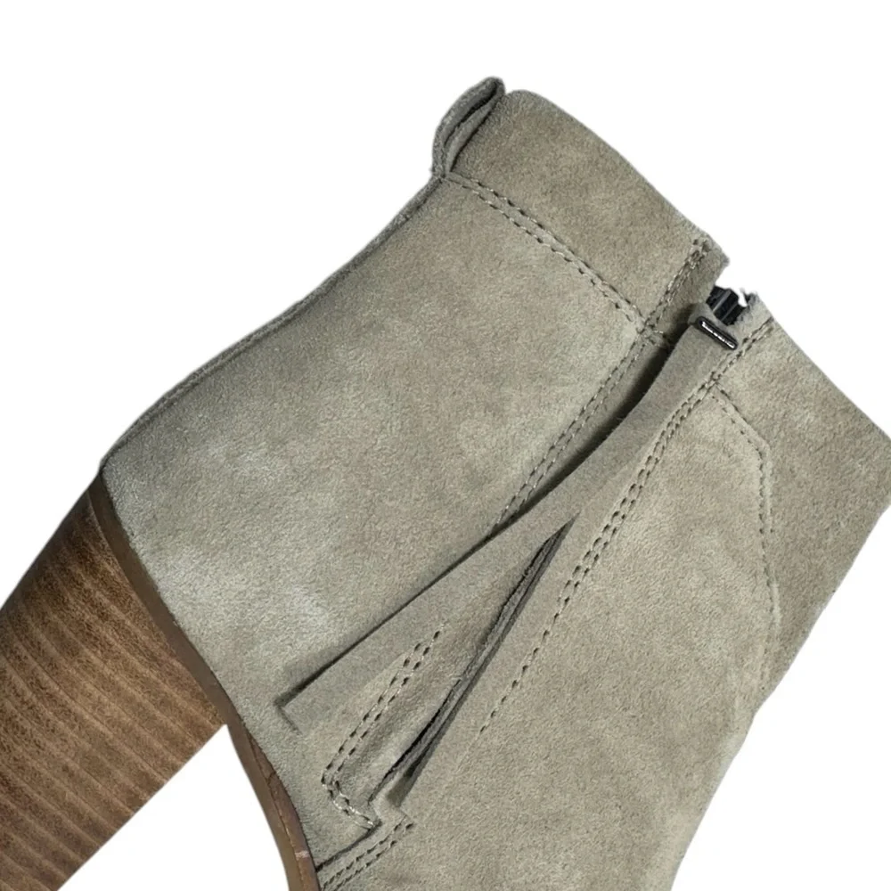 TOMS Lunata Gray Suede Stacked Block Heel Side Zip w/ Tassel Booties Size 7